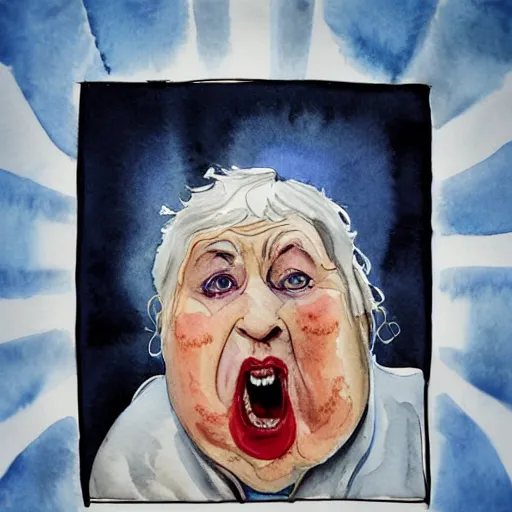 Image similar to a very funny comic style watercolor painting of a sweet fat old woman kissing her reflection. symmetrical face, red mouth, blue eyes. a flowered dress. a hyper - realistic scene. 3 d, octane processing, deep focus, white scene. a very funny and sweet picture. unreal engine. watercolor. fellini cinematic style. poster quality. freud painting style.