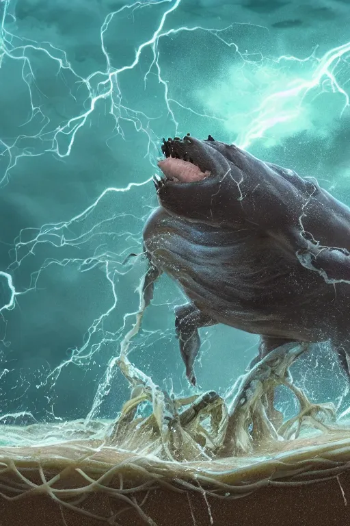 Image similar to high resolution photo of an obese giant fighting sea creature, splash, sand, earth, shells, tree roots, dark clouds, foliage, veins, lightning, big muscles, sweat, slime, troll, fishlike, gills, dragonlike, grown together, overgrown, electronic wires, god rays, dark, skin, plastic wrap,