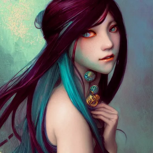 Prompt: a beautiful portrait of hatsune miku with teal colored hair with deep red highlights as a witch, fantasy, intricate, elegant, highly detailed, digital painting, artstation, concept art, matte, sharp focus, illustration, art by greg rutkowski and alphonse mucha