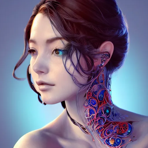 Image similar to the portrait of a blueberry that resembles an absurdly beautiful, graceful, elegant, sophisticated woman, an ultrafine hyperdetailed illustration by kim jung gi, irakli nadar, intricate linework, bright colors, octopath traveler, final fantasy, unreal engine 5 highly rendered, global illumination, radiant light, detailed and intricate environment