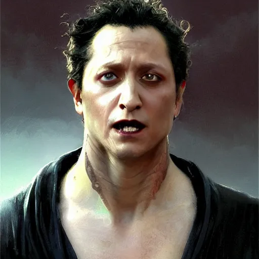 Image similar to detailed realistic cinematic wide shot of beautiful attractive rob schneider vampire man wearing black bath robe slim face symettrical face clean skin black eyes black robe smooth, sharp focus, ultra realistic, spring light, painting by gaston bussiere, craig mullins, j. c. leyendecker