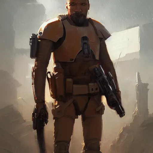 Prompt: portrait of a man by greg rutkowski, jaxon fett, samoan features, brown hair, tall and muscular, wearing a tactical gear, star wars expanded universe, highly detailed portrait, digital painting, artstation, concept art, smooth, sharp foccus ilustration, artstation hq
