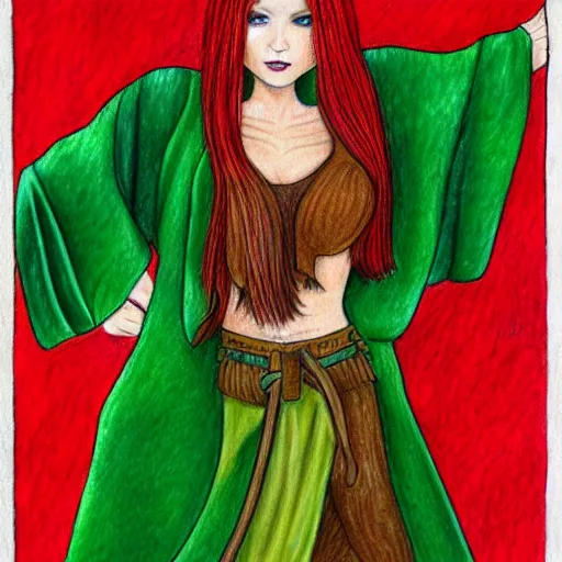 Image similar to full body detailed colored pencil drawing of a beautiful red haired sorceress with a beautiful face, wearing a green magician's robe