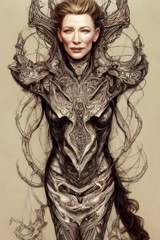 Image similar to cate blanchett, anatomy, cute, fantasy, intricate, elegant, highly detailed, digital painting, 4 k, hdr, concept art, smooth, sharp focus, illustration, art by artgerm and h r giger and alphonse mucha