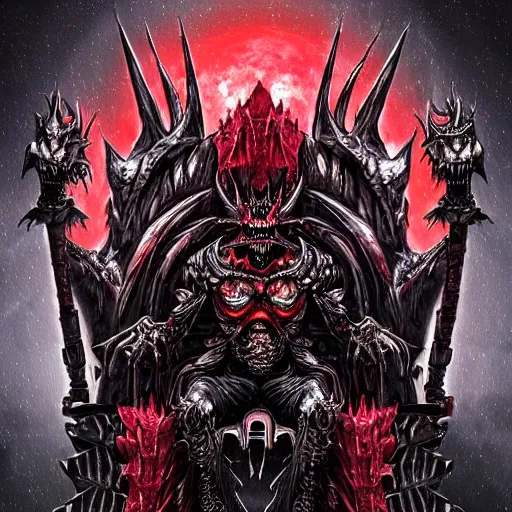 Prompt: a dark matter schizophrenia sphare limbo digital art angry demon in iron armor and dragon bones with diamonds sits on the black throne of death and looks with red eyes into the darkness against the background of a bright red sun