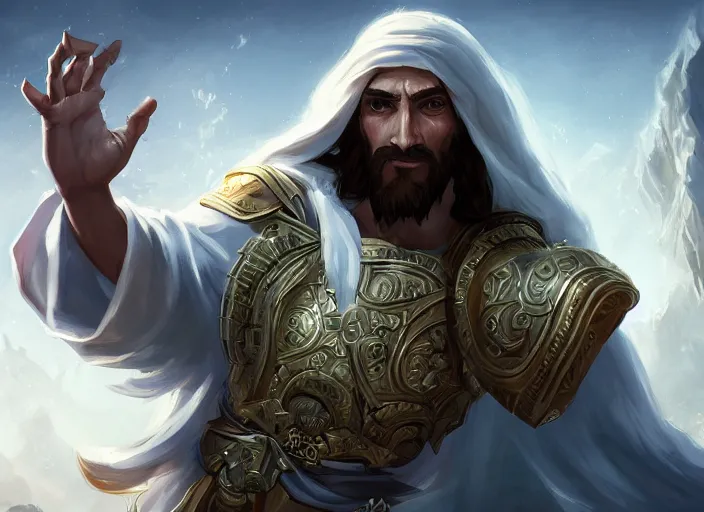 Image similar to jesus christ character concept art, digital illustration, trending on artstation, intricate details, epic composition, sharp focus, 8 k uhd, masterpiece, league of legends splash art