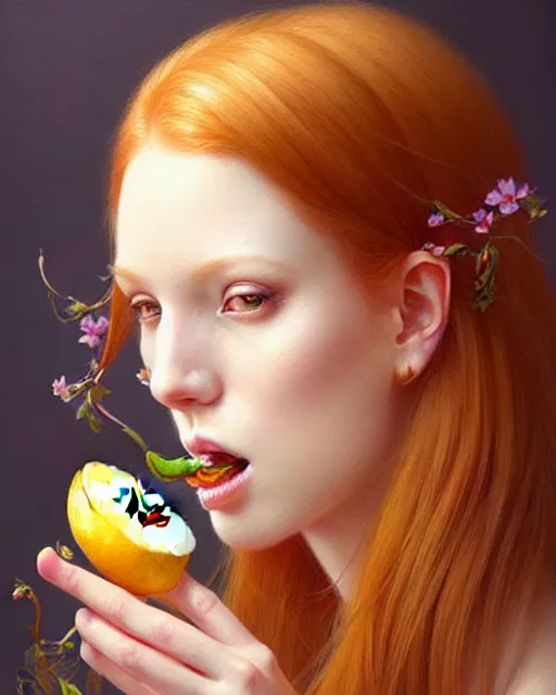 Image similar to Beautiful and playful ethereal ginger portrait eating banana, art nouveau, fantasy, intricate flower designs, elegant, highly detailed, sharp focus, art by Artgerm and Greg Rutkowski and WLOP