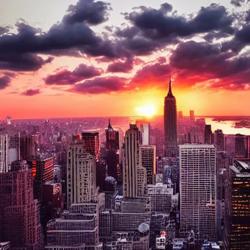 Prompt: sunset above new york, beautiful landscape, high detail, instagram photo, professional dslr photo, creative composition, beautiful composition
