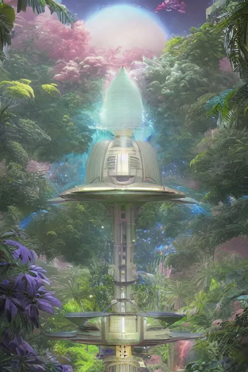 Image similar to multi level spaceship botanical garden in space, by artgerm, tom bagshaw, gerald brom, vaporwave colors, vaporwave, rendered by substance designer, cel shading, toon shading, smooth,