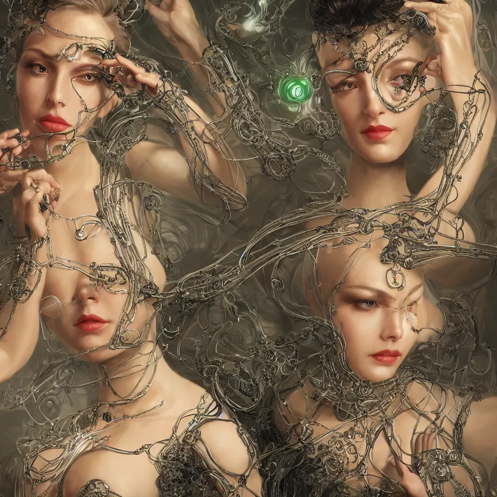 Image similar to very seductive woman integrating with technology, full face, insipiring, detailed intricate ornate cables connected to head, big open electric eyes, luxurious detailed abundent wiring and implants, diamonds, sci-fi, neon, emeralds, detailed technology full background, highly detailed, artstation, Rene Lalique and Eddie Mendoza and Gil Elvgren