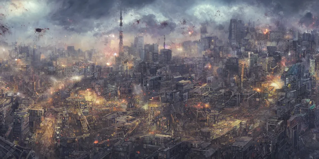 an aerial view of tokyo after a zombie apocalypse, by, Stable Diffusion