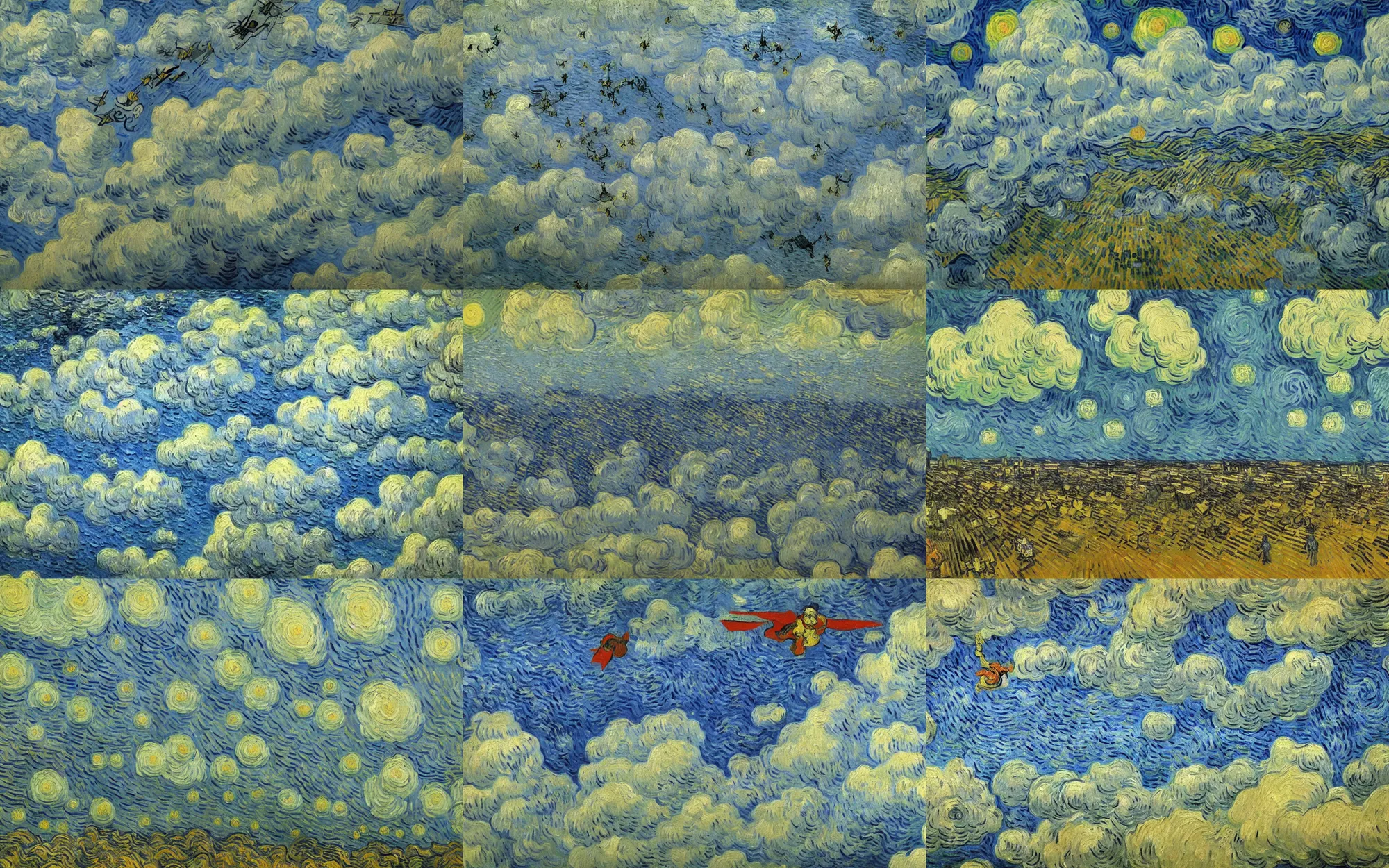 Prompt: detailed expressionist oil painting by van gogh of a flying airborne city floating in the clouds