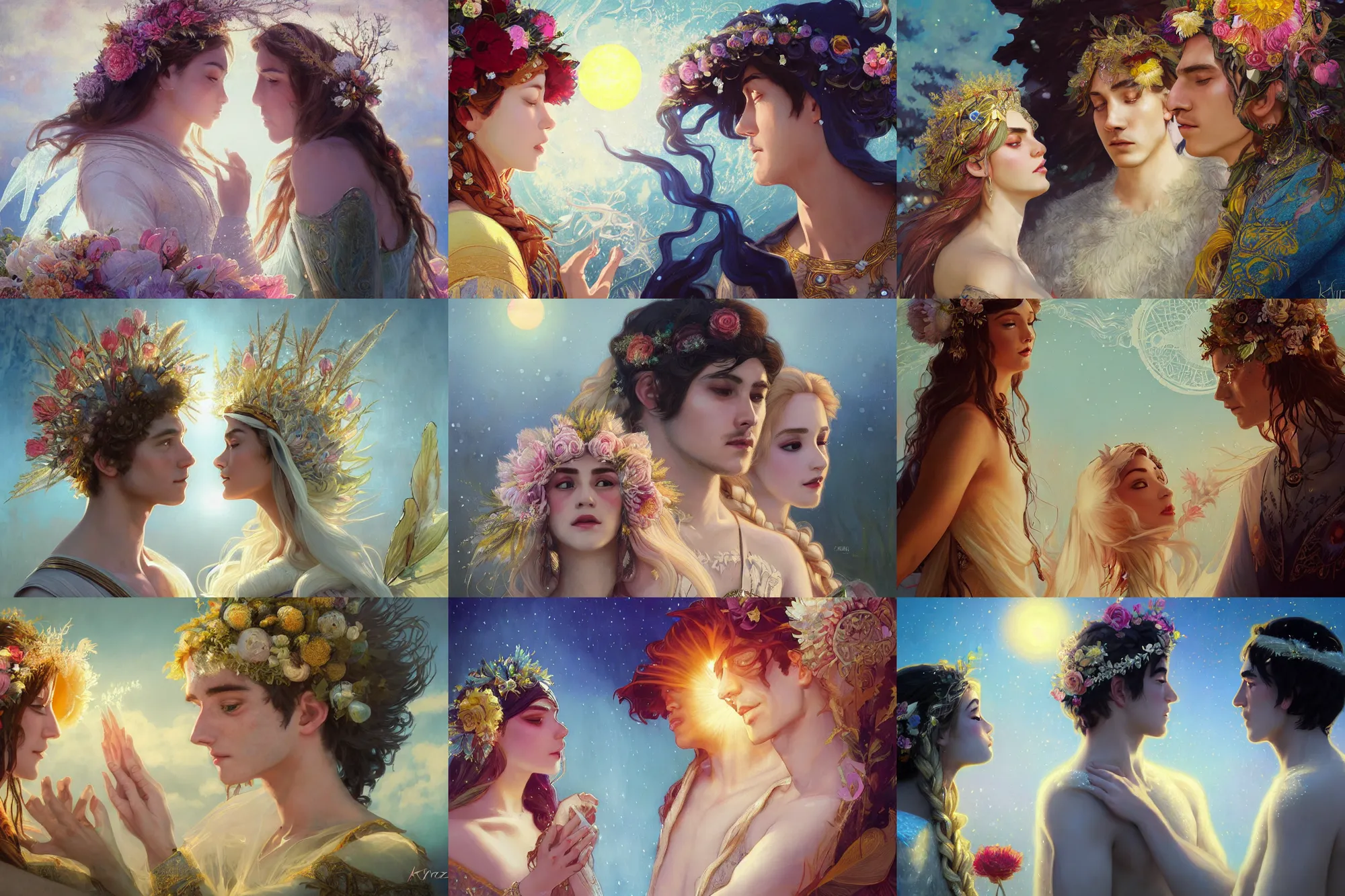 Prompt: a cinematic beautiful close up moment of a young sun god and moon goddess magician lovers facing each other, portrait, wedding wearing boho sunhat with peonies, wedding photography, Frozen Klaus film, elegant, digital painting, artstation, concept art, illustration, Frozen II art masterpiece by art by Krenz Cushart, Artem Demura, alphonse mucha, yoji shinkawa, ArtGerm, Jon Lothian, Danilo Torres, Adi Meyers, Thomas Reimann, Gaston Bussiere