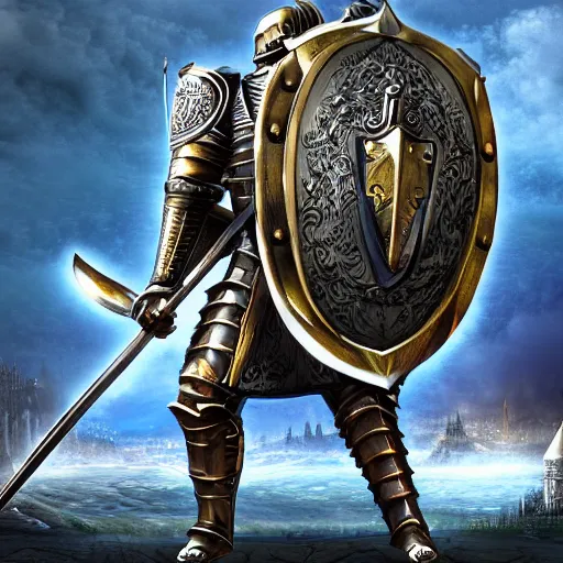 Prompt: ultra detailed and ornate digital art of a knight in battle armor carrying a sword and shield in an action pose with a castle in the background