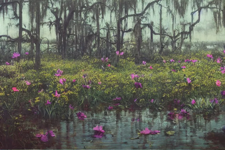 Prompt: hyperrealism oil painting, scene from louisiana swamps, spaceship sank, spring blooming flowers garden, true detective, 8 0 s japanese sci - fi books art