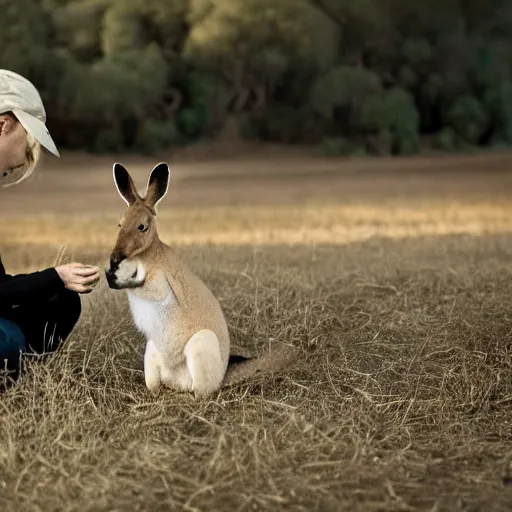 Image similar to a kangaroo and a very cute white rural dog photograph, high quality, award winning, National Geographic