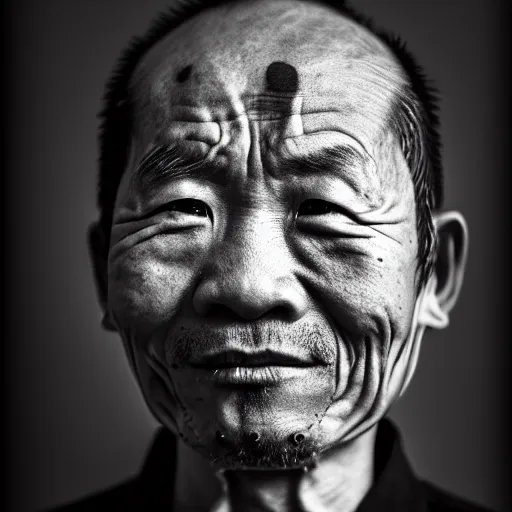 Image similar to grizzled tragic chinese man, age 3 5, with gutterpunk poke and stick face tattoos at dusk, black & white, richard avedon, 5 0 mm, grainy, low light