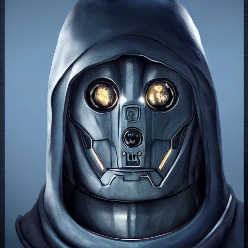 Image similar to award - winning. trending on artstation. 4 k. eerie tone. a warforged figure wearing a hooded cape made of the night sky with 1 dark blue glowing eye on its face. full - body. portrait.