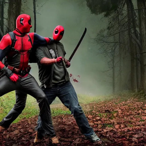 Image similar to jason voorhees fighting with deadpool in the woods digital art 4 k detailed super realistic