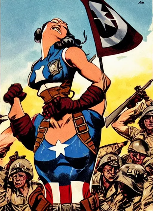 Image similar to beautiful south american female captain america standing on a pile of defeated, beaten and broken german soldiers. feminist captain america wins wwii. american wwii propaganda poster by james gurney. gorgeous face. overwatch