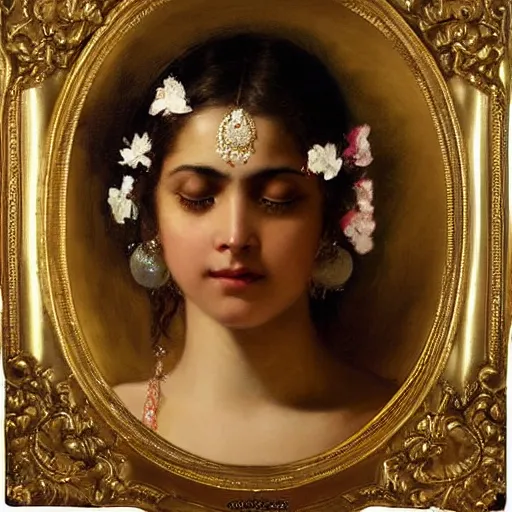 Image similar to detailed portrait of hindu traditional girl with angel wings coming down to earth in baroque painting, girl graceful, eyes closed, painting by gaston bussiere, craig mullins, j. c. leyendecker