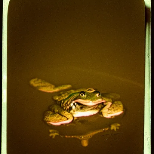 Image similar to semitranslucent smiling frog amphibian floating over misty lake in Jesus Christ pose, polaroid shot by Andrei Tarkovsky, paranormal, spiritual, mystical