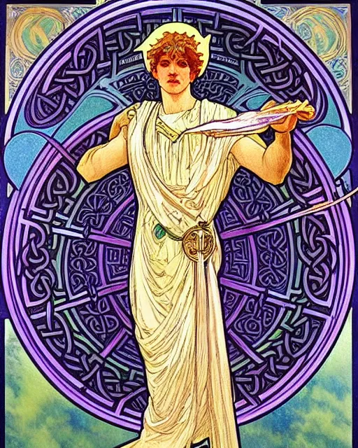 Prompt: an art nouveau painting of a the celtic god lugh, beautiful, shining sun, highly detailed, intricate, artstation, by alphonse mucha and james gurney