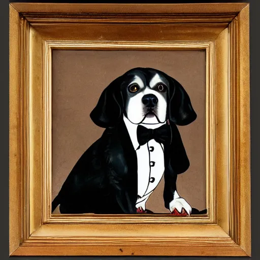 Image similar to a picture of a dog in a tuxedo in the style of jan gossaert