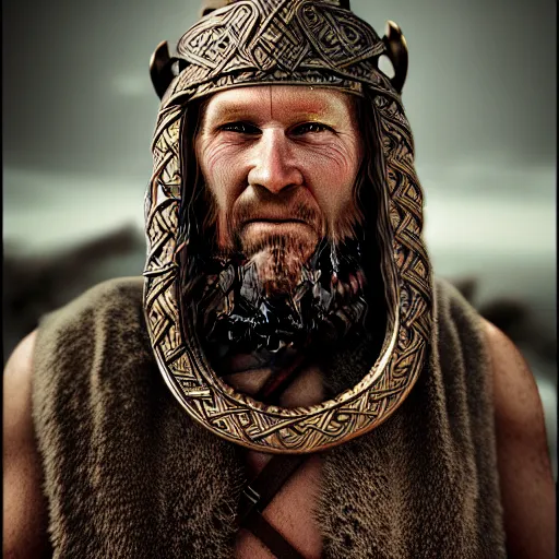 Prompt: portrait photo of bronze age viking traveller in robes, ultra realistic, concept art, intricate details, ornate, highly detailed, photorealistic, photorealism, octane render. art by annie leibovitz and ansel adams