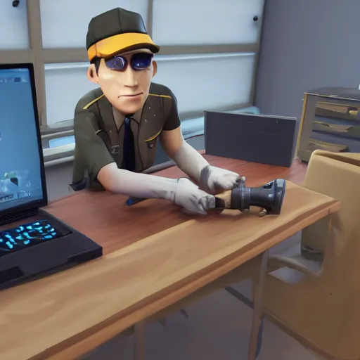 Image similar to TF2 scout confused a computer on an office desk, game render