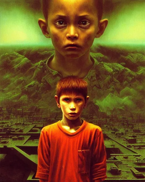 Image similar to 8k professional photo of an 8 years old enlightened and scared boy standing in front of a computer from 90s with a game doom2 at the monitor screen, Beksinski impasto painting, part by Adrian Ghenie and Gerhard Richter. art by Takato Yamamoto, masterpiece. still from a movie by Gaspar Noe and James Cameron