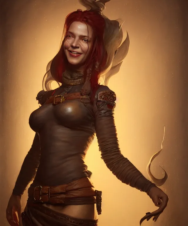 Image similar to hyperrealistic mixed media painting of a beautiful smiling charismatic female rogue, dimly lit cozy tavern, leather tunic, confident relaxed pose, d&d, stunning 3d render inspired art by Gerlad Brom and Anna Dittmann + perfect facial symmetry + dim volumetric lighting, 8k octane beautifully detailed render, post-processing, extremely hyperdetailed, intricate, epic composition, grim yet sparkling atmosphere, cinematic lighting + masterpiece, trending on artstation, very very detailed, masterpiece, stunning