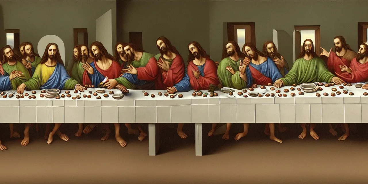 Image similar to the last supper iconic image in the style of dali surreal jesus christ iconography but replace jesus with little green aliens like the ones from pixar movies