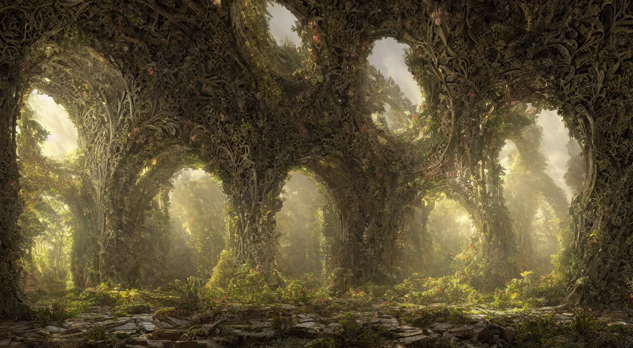 Prompt: ancient structure, large illuminated gateway, fractal structure, cellular biology, thick forest, many flowers by glenn small, by ernst haeckel, by albert bierstadt, photorealistic, zaha hadid, god rays, volumetric lighting, detailed, intricate, delicate, raytrace, octane, light fog, neon, bladerunner