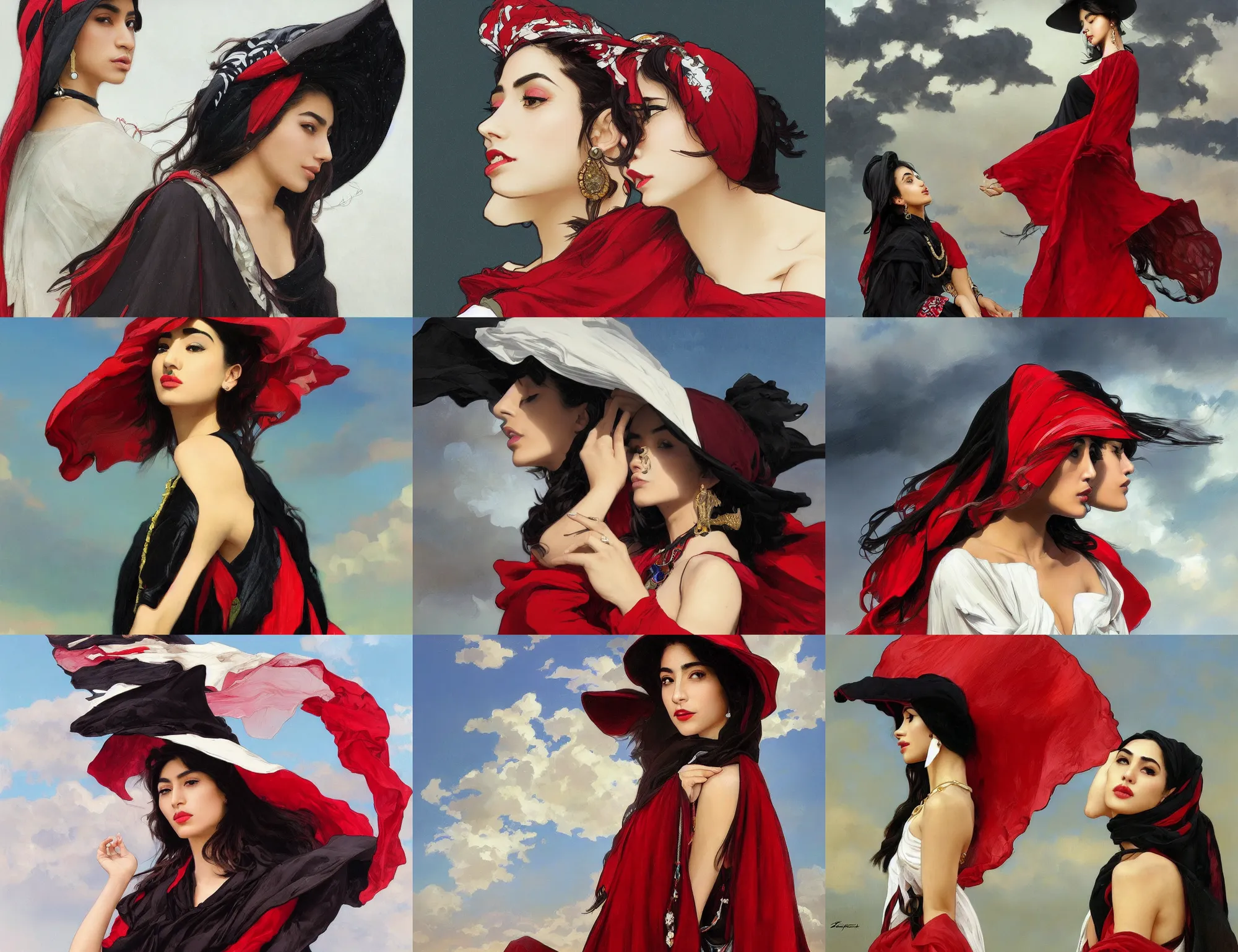 Prompt: profile side portrait of single fashionable young iranian asian girl wearing rich jewerly hat and black and red and white boho poncho standing on extremely strong wind in elegant decollete, low view, sitting dynamic pose, Low poly, thunder clouds in the sky, nature, illustration, intimidating lighting, incredible art by artgerm and greg rutkowski and alphonse mucha and simon stalenhag