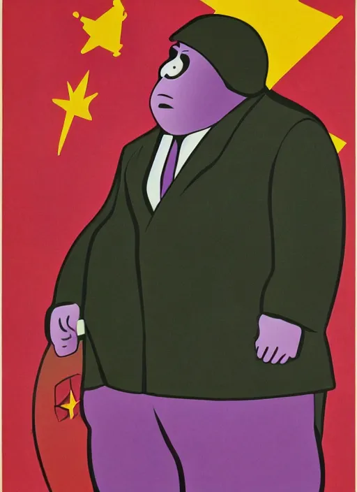 Image similar to grimace ( obese purple guy ) on a soviet russian propaganda poster, illustration, airbrush