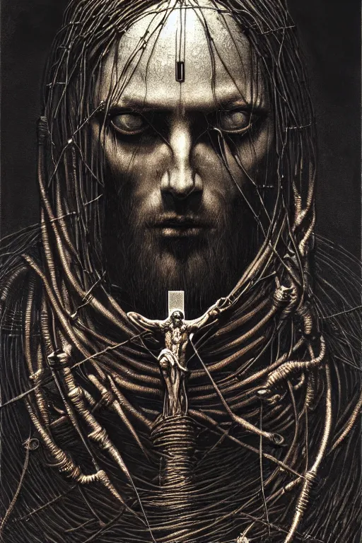 Image similar to a portrait of a cybernetic jesus nailed to a cross, wires, horror art by beksinski and giger and seb mckinnon and josan gonzalez, digital art, highly detailed, intricate, sharp focus, trending on artstation hq, deviantart, pinterest, unreal engine 5, 4 k uhd image