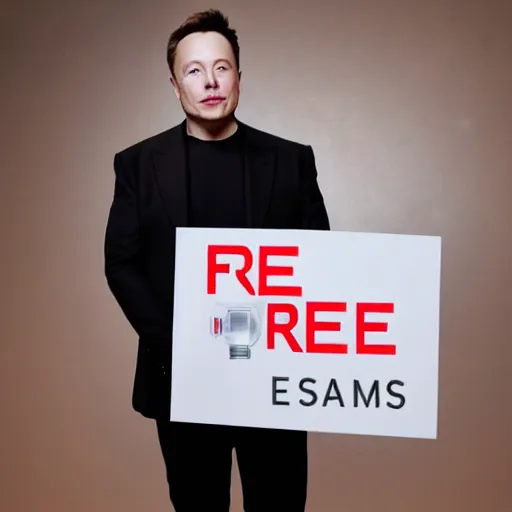 Prompt: Elon Musk holding a sign saying Free Teslas, highly detailed, high quality, HD, 4k, 8k, Canon 300mm, professional photographer, 40mp, lifelike, top-rated, award winning, realistic, sharp, no blur, edited, corrected, trending