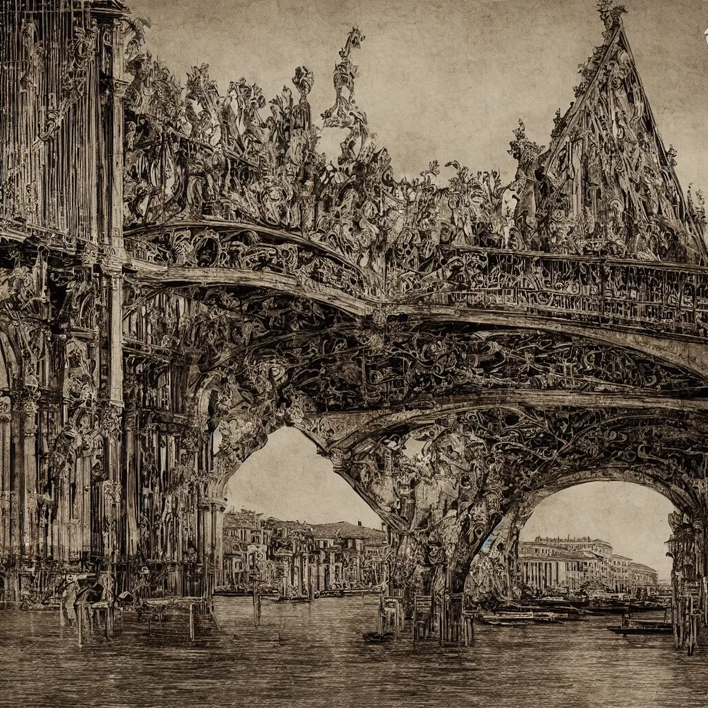 Image similar to oniric dream of the bridges of venice by piranesi, composition, cinematic, rule, grid