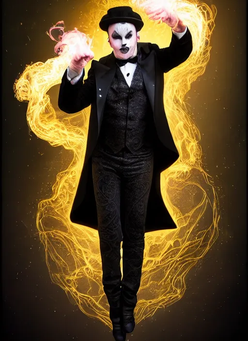 Prompt: hyperrealistic mixed media portrait of a devious male magician, stunning 3d render inspired art by Wesley Burt and Manuel Sanjulian + perfect facial symmetry + dim volumetric lighting, ornate black tuxedo, swirling wispy smoke, energy vortex, 8k octane beautifully detailed render, post-processing, extremely hyperdetailed, intricate, epic composition, grim yet sparkling atmosphere, cinematic lighting + masterpiece, trending on artstation, Art Nouveau