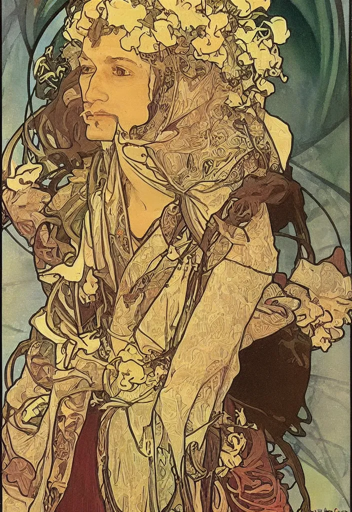 Image similar to realistic geoffrey hinton in a crown on a tarot card, tarot in art style by alphonse mucha