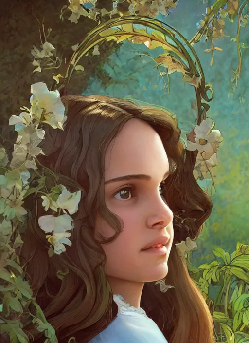 Image similar to well - lit art nouveau face portrait of a 1 3 - year old natalie portman playing in the garden, natural lighting, path traced, highly detailed, high quality, cartoon, digital painting, by don bluth and ross tran and studio ghibli