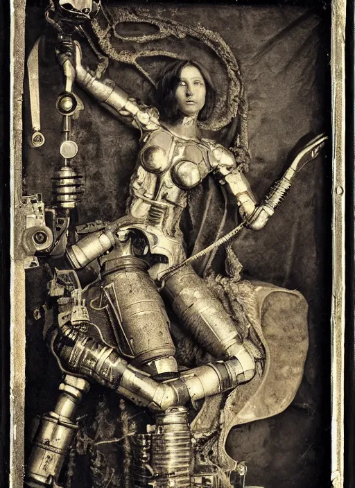 Image similar to old wetplate daguerreotype portrait of birth of lady justice cyborg, explosion of data fragments, fractal, intricate, elegant, highly detailed, parallax, leica, medium format, subsurface scattering, portrait, elegant, highly detailed, matte painting, by stanley spencer