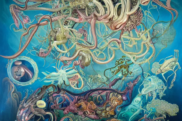 Prompt: complex and beautiful deep sea life by james jean and salvador dali and shusei nagaoka, oil on canvas, underwater insects, bioluminescence mollusks, iridescent aliens, water bubbles, lots of flowers, retro, nostalgic, vintage sci - fi, exquisitely intricate details, surrealism, neoclassicism, renaissance, hyper realistic, ultra detailed, cell shaded, 8 k