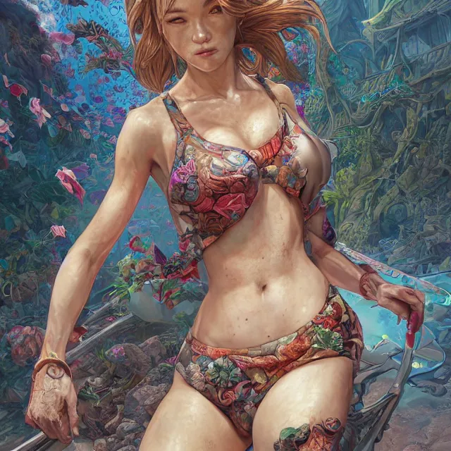 Prompt: the portrait of chaotic neutral female rogue as absurdly beautiful, gorgeous, elegant, innocent young swimsuit model, an ultrafine hyperdetailed illustration by kim jung gi, irakli nadar, intricate linework, bright colors, octopath traveler, final fantasy, unreal engine 5 highly rendered, global illumination, radiant light, detailed and intricate environment