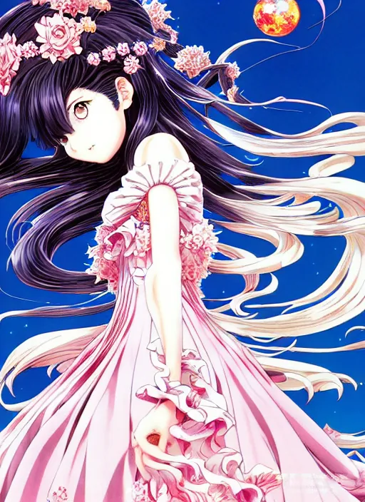 Image similar to exquisite imaginative manga poster of princess, fate, long wavy hair, rococo ruffles dress, shimmering, by type - moon, shigenori soejima, minaba hideo, katsuhiro otomo, jump comics, illustration, artstation, dark fantastic, highly detailed, 8 k, fluorescent, maximalist