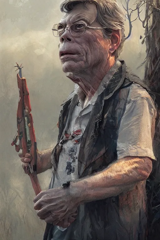 Prompt: Portrait of stephen king as hillbilly intricate, highly detailed, smooth, artstation, digital illustration by Ruan Jia and Mandy Jurgens and Artgerm and Wayne Barlowe and Greg Rutkowski and Zdislav Beksinski