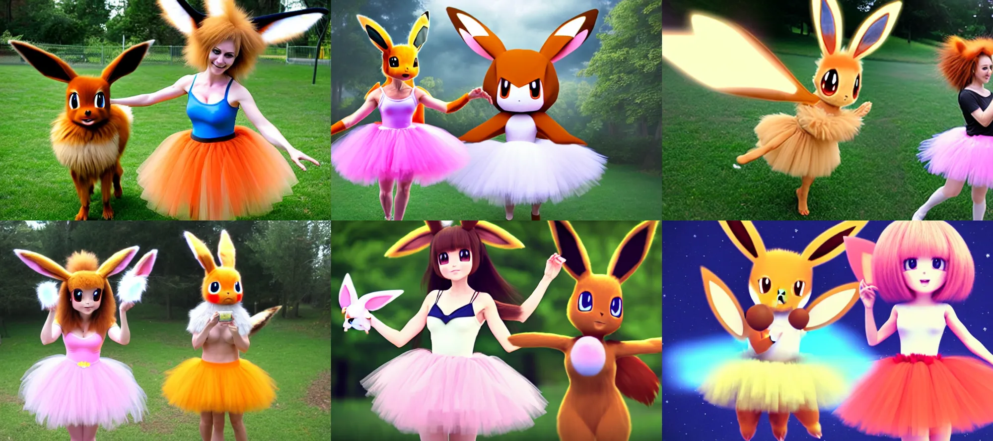 Prompt: realistic anthropomorphic eevee woman in a tutu holding pokeball flying