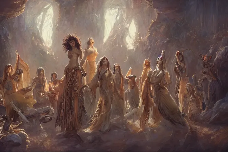 Image similar to the muses. sacred singers they who took up the strings of the deep, and turned the cacophony of an angry world into songs of unity and peace. afternoon lighting, cinematic fantasy painting, dungeons and dragons, jessica rossier and brian froud