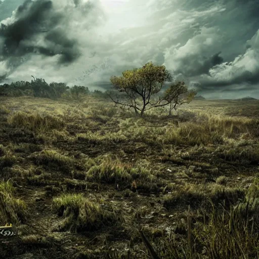 Image similar to an overgrown unpopulated landscape barren and post apocalyptic, studio lighting, realistic, high detail